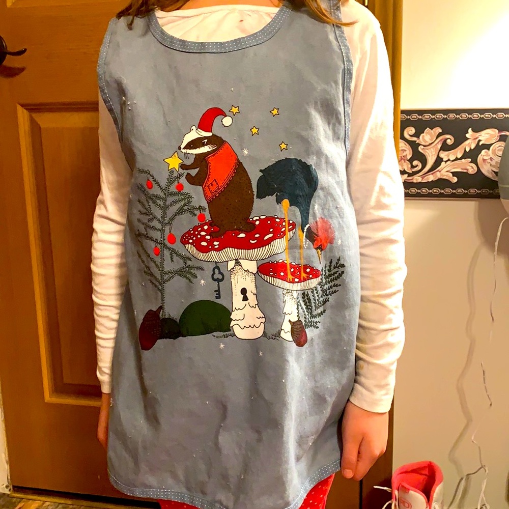 Handmade children’s winter woodland denim cross back pinafore